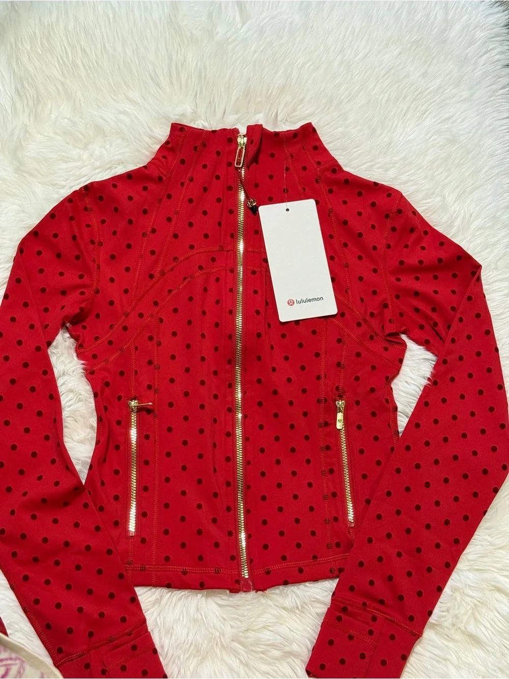 lululemon red with black polka dot zip-up bomber jacket